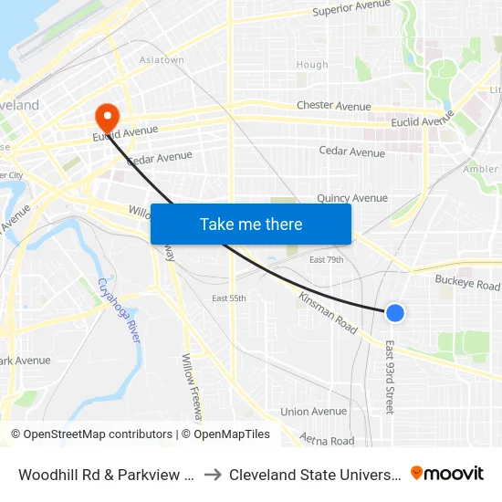 Woodhill Rd & Parkview Av to Cleveland State University map
