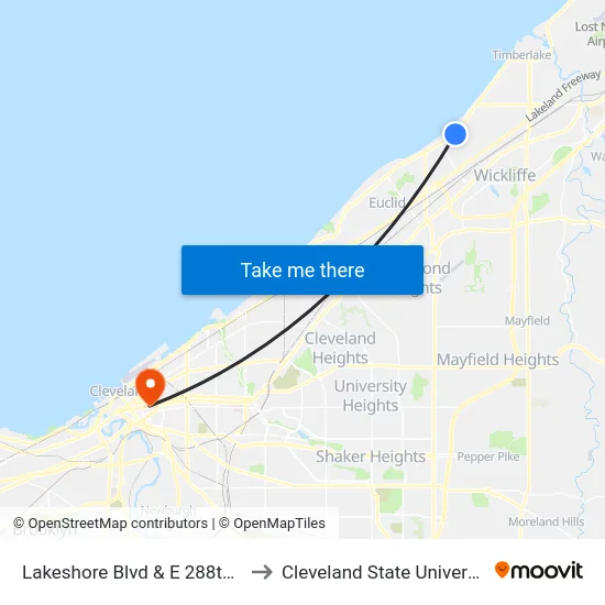 Lakeshore Blvd & E 288th St to Cleveland State University map
