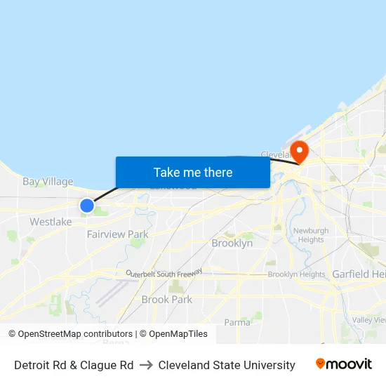 Detroit Rd & Clague Rd to Cleveland State University map