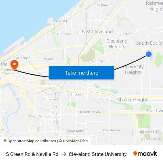 S Green Rd & Neville Rd to Cleveland State University map