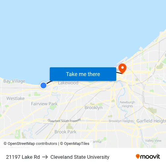 21197 Lake Rd to Cleveland State University map