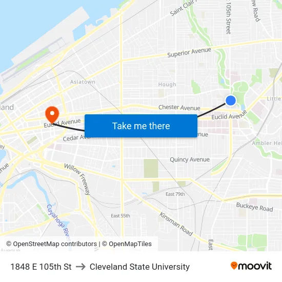 1848 E 105th St to Cleveland State University map