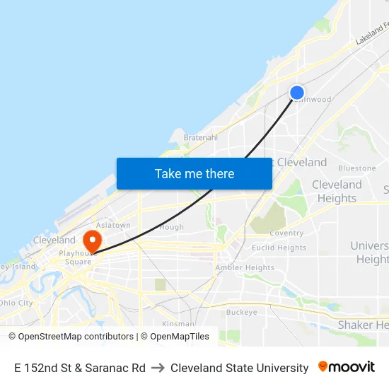 E 152nd St & Saranac Rd to Cleveland State University map