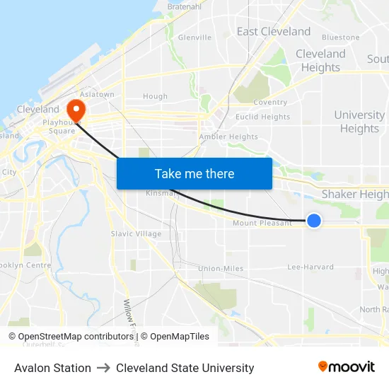 Avalon Station to Cleveland State University map