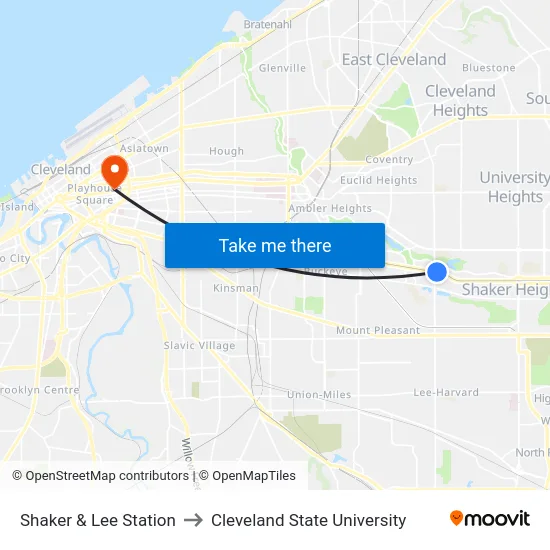 Shaker & Lee Station to Cleveland State University map