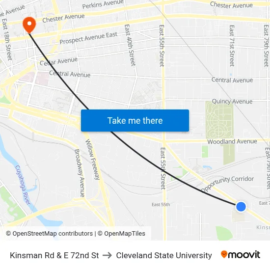 Kinsman Rd & E 72nd St to Cleveland State University map