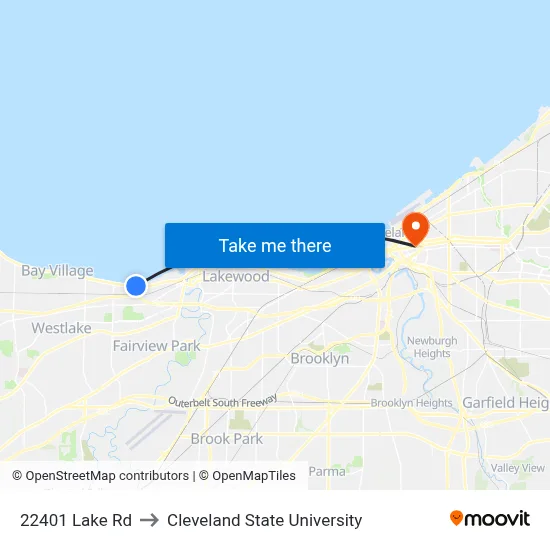 22401 Lake Rd to Cleveland State University map