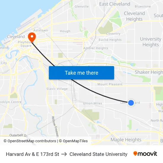 Harvard Av & E 173rd St to Cleveland State University map