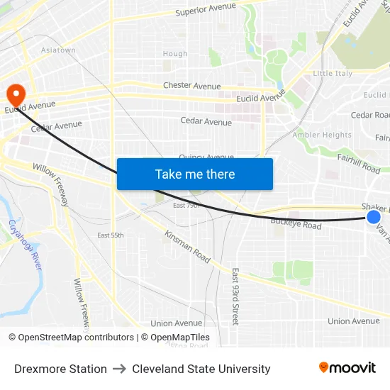 Drexmore Station to Cleveland State University map