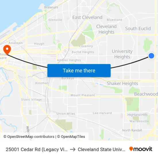 25001 Cedar Rd (Legacy Village) to Cleveland State University map