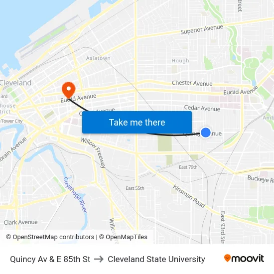 Quincy Av & E 85th St to Cleveland State University map