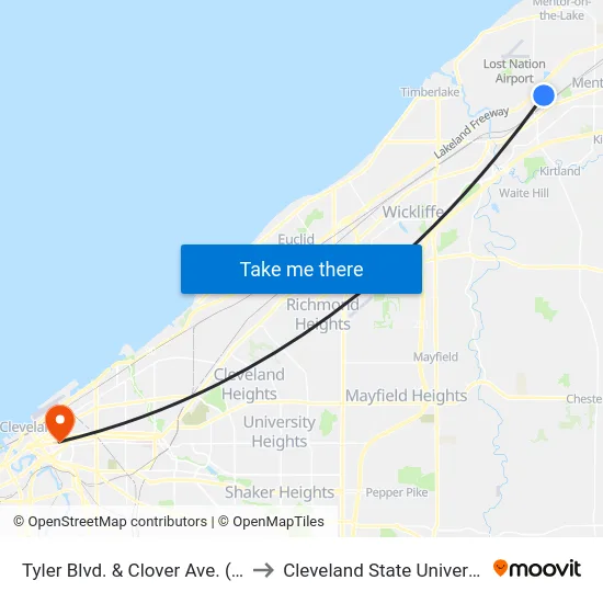 Tyler Blvd. & Clover Ave. (Eb) to Cleveland State University map