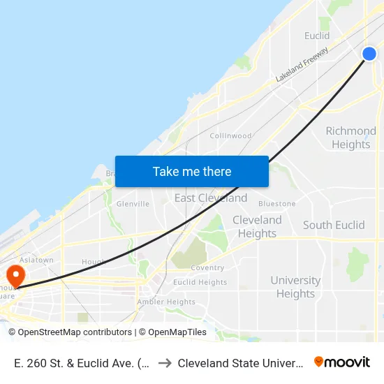 E. 260 St. & Euclid Ave. (Eb) to Cleveland State University map