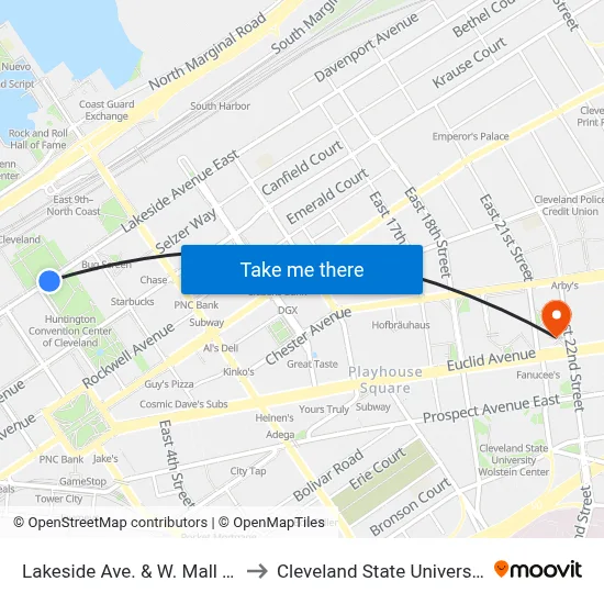 Lakeside Ave. & W. Mall Dr. to Cleveland State University map