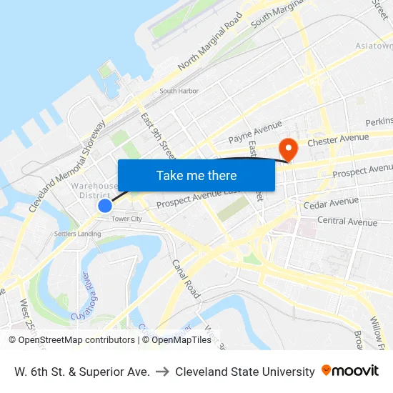 W. 6th St. & Superior Ave. to Cleveland State University map