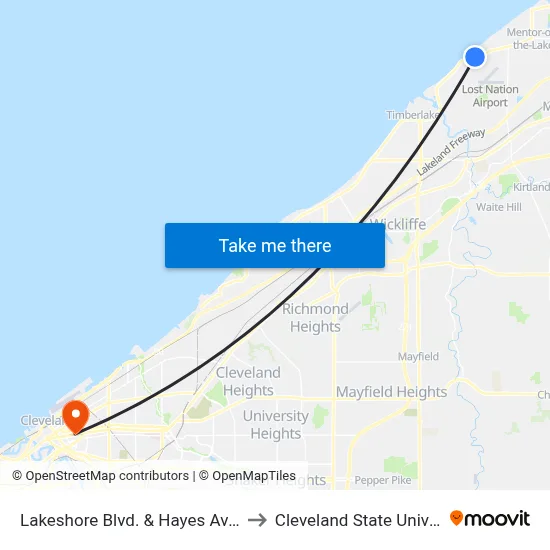 Lakeshore Blvd. & Hayes Ave. (Eb) to Cleveland State University map