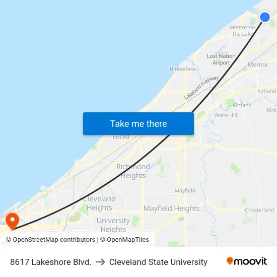8617 Lakeshore Blvd. to Cleveland State University map