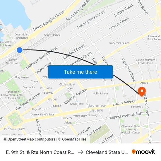 E. 9th St. & Rta North Coast Rapid Station to Cleveland State University map