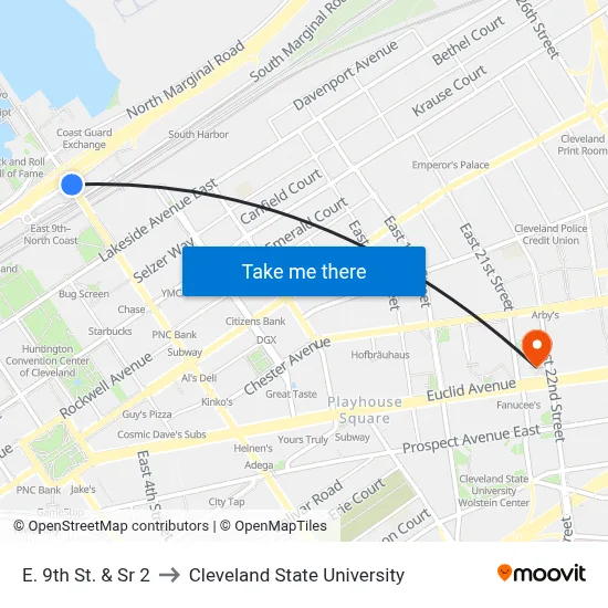 E. 9th St. & Sr 2 to Cleveland State University map