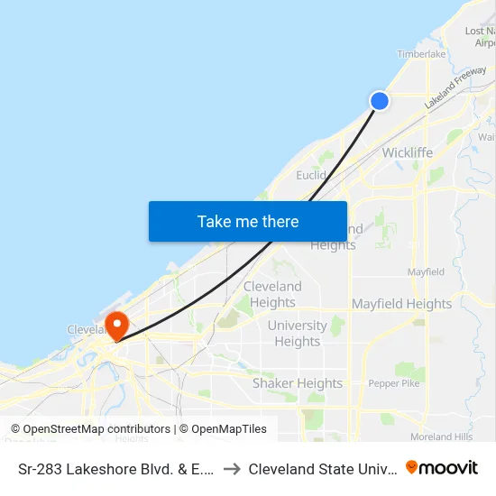 Sr-283 Lakeshore Blvd. & E. 305 St to Cleveland State University map