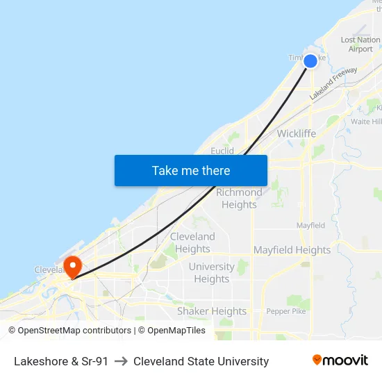 Lakeshore & Sr-91 to Cleveland State University map
