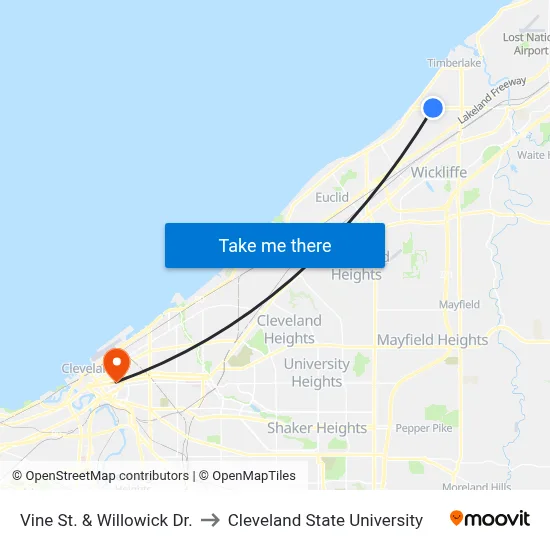 Vine St. & Willowick Dr. to Cleveland State University map