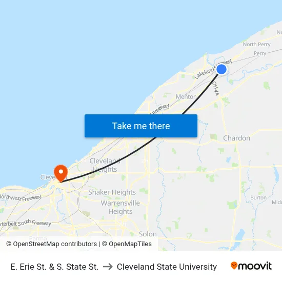 E. Erie St.  & S. State St. to Cleveland State University map