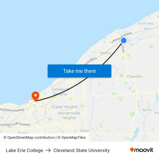 Lake Erie College to Cleveland State University map