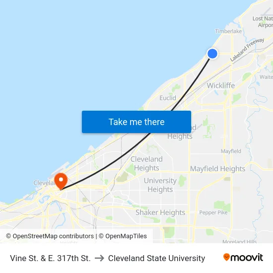 Vine St. & E. 317 St. to Cleveland State University map