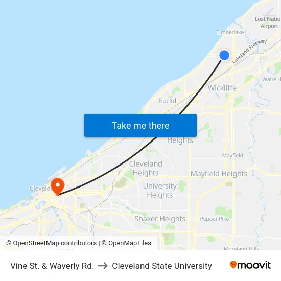 Vine St. & Waverly Rd. to Cleveland State University map