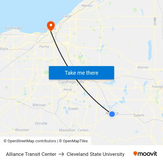 Alliance Transit Center to Cleveland State University map