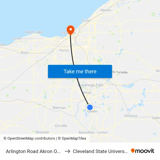Arlington Road Akron Ohio to Cleveland State University map