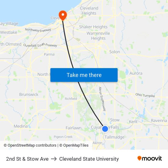 2nd St & Stow Ave to Cleveland State University map