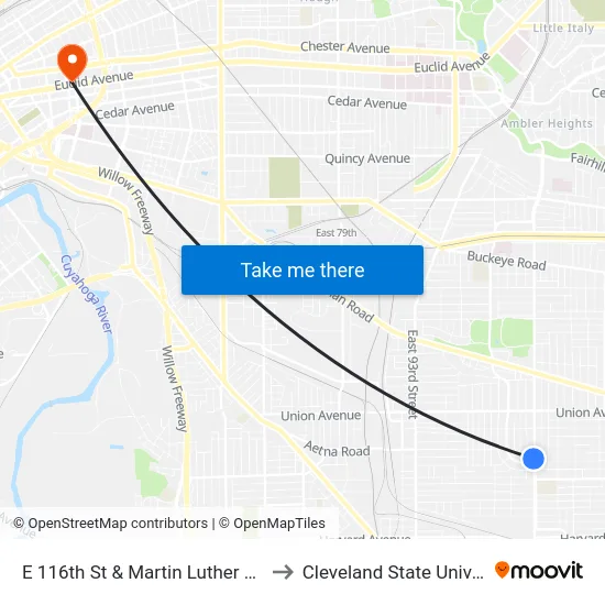 E 116th St & Martin Luther King Dr to Cleveland State University map