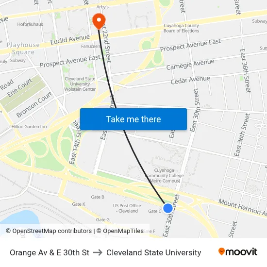 Orange Av & E 30th St to Cleveland State University map