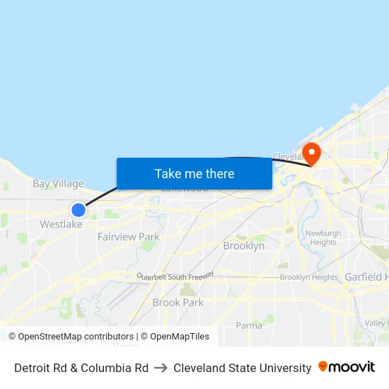Detroit Rd & Columbia Rd to Cleveland State University map