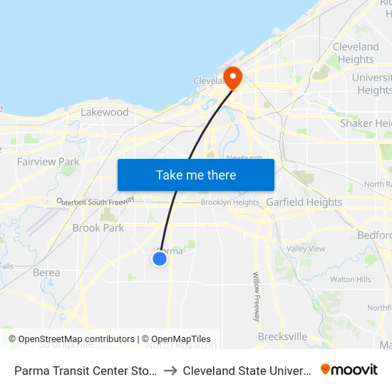 Parma Transit Center Stop 1 to Cleveland State University map