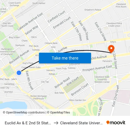 Euclid Av & E 2nd St Station to Cleveland State University map