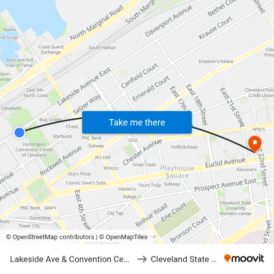 Lakeside Ave & Convention Center (W Mall Dr) to Cleveland State University map