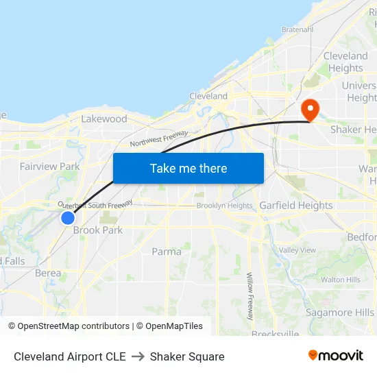 Cleveland Airport CLE to Shaker Square map