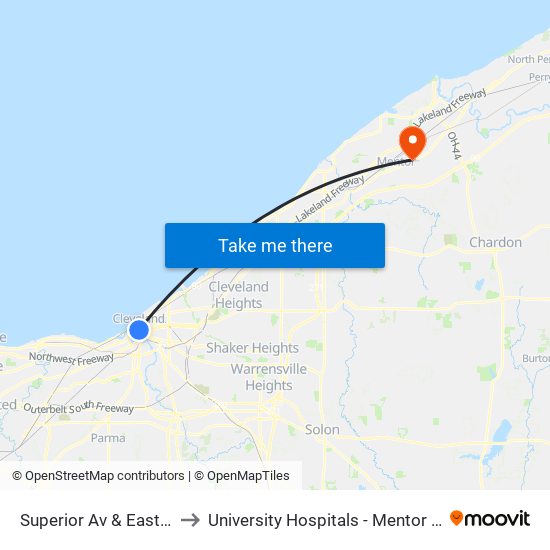 Superior Av & East Roadway to University Hospitals - Mentor Health Center map