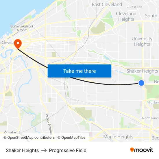 Shaker Heights to Progressive Field map