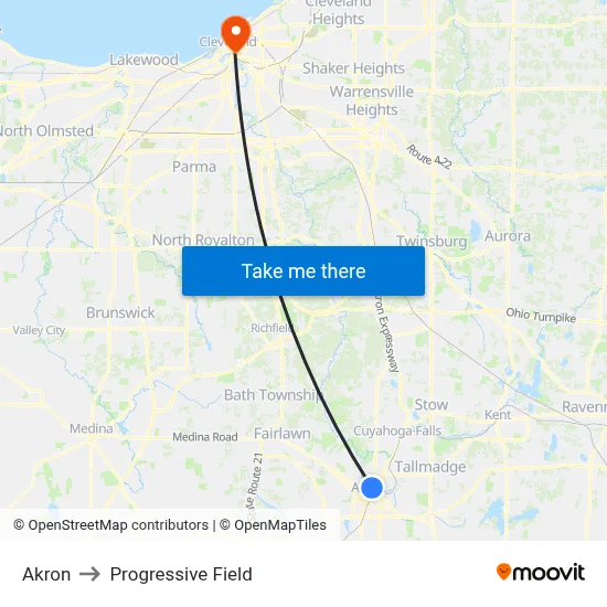 Akron to Progressive Field map