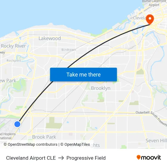 Cleveland Airport CLE to Progressive Field map