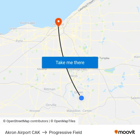 Akron Airport CAK to Progressive Field map
