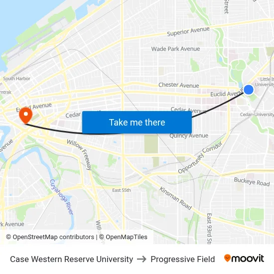 Case Western Reserve University to Progressive Field map