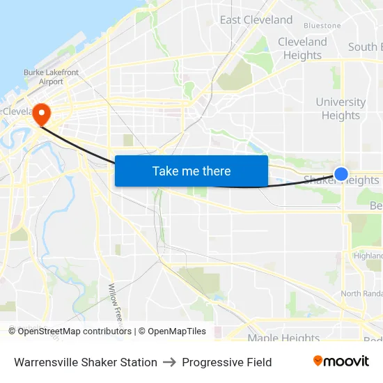Warrensville Shaker Station to Progressive Field map