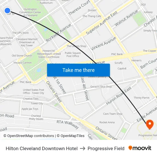 Hilton Cleveland Downtown Hotel to Progressive Field map