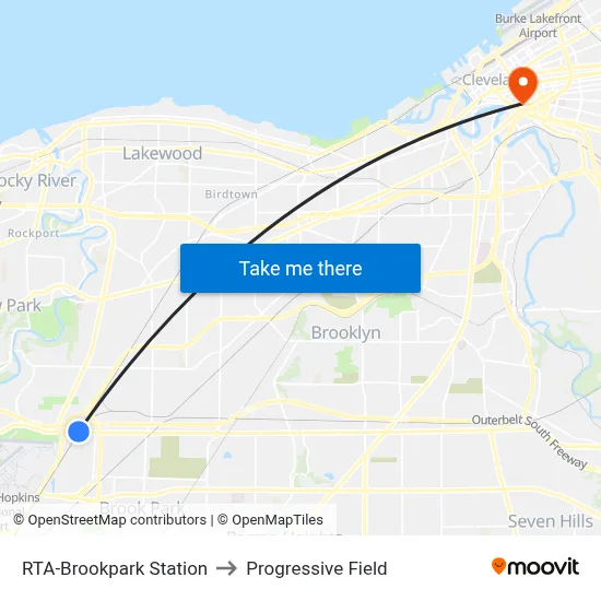 RTA-Brookpark Station to Progressive Field map