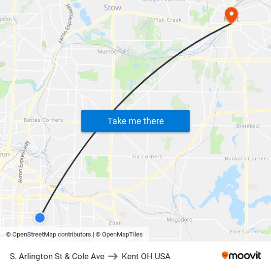 S. Arlington St & Cole Ave to Kent OH USA map